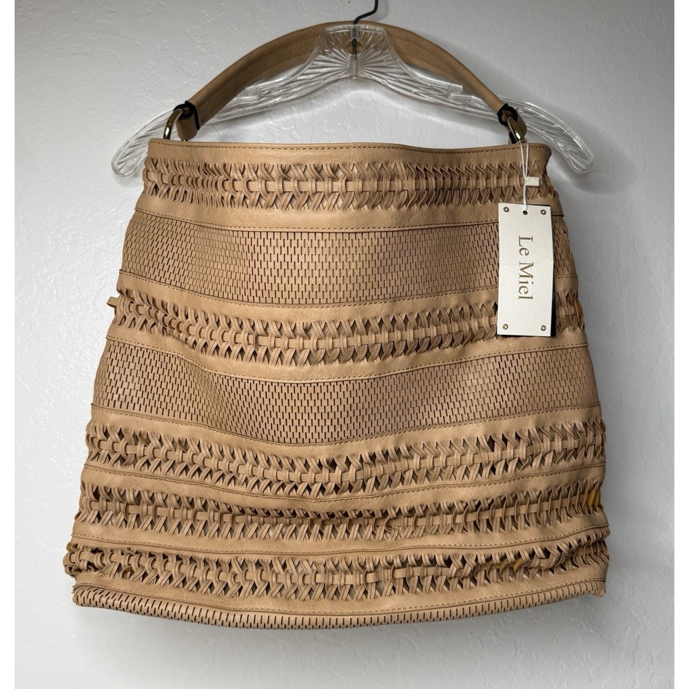 Le Miel Handbag Tan Woven Large Vegan Boho Hobo Indie Tote Business Bag Only New